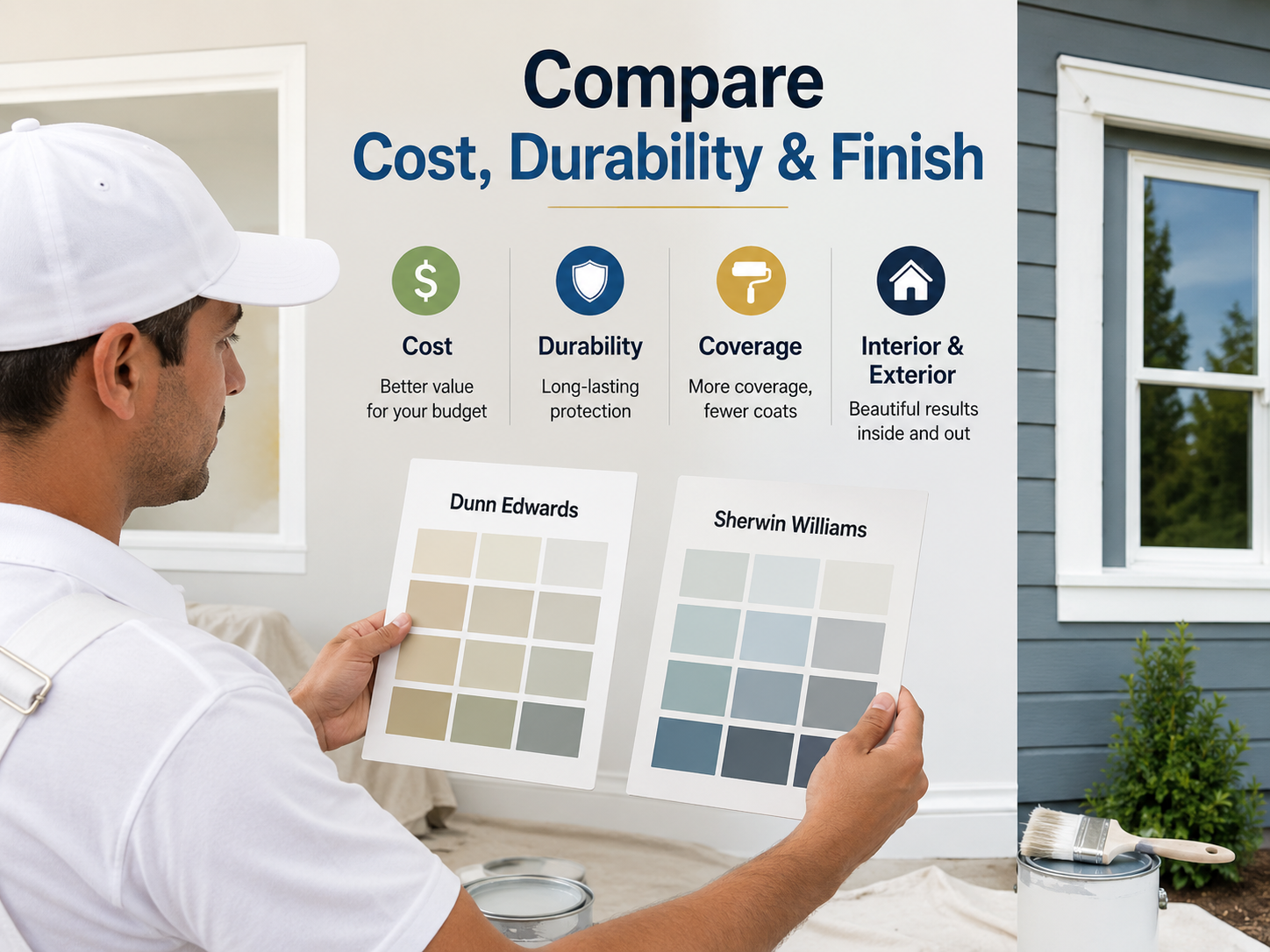 Compare Dunn Edwards Paint vs Sherwin Williams for cost, coverage, durability, interior and exterior use, and see which paint is better in 2026.